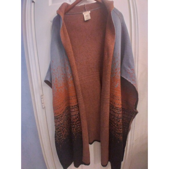 Matta Hooded Cardigan Sweater Knit Open Front Poncho Cape Gray Orange - Picture 2 of 5